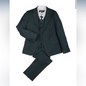 Slim fit kids suit. 4 pieces. Dark green Jacket, pants, vest and white button up